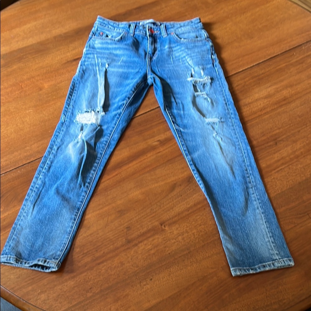 Zara Distressed Denim Jeans with Red Button Accent - Picture 5 of 15